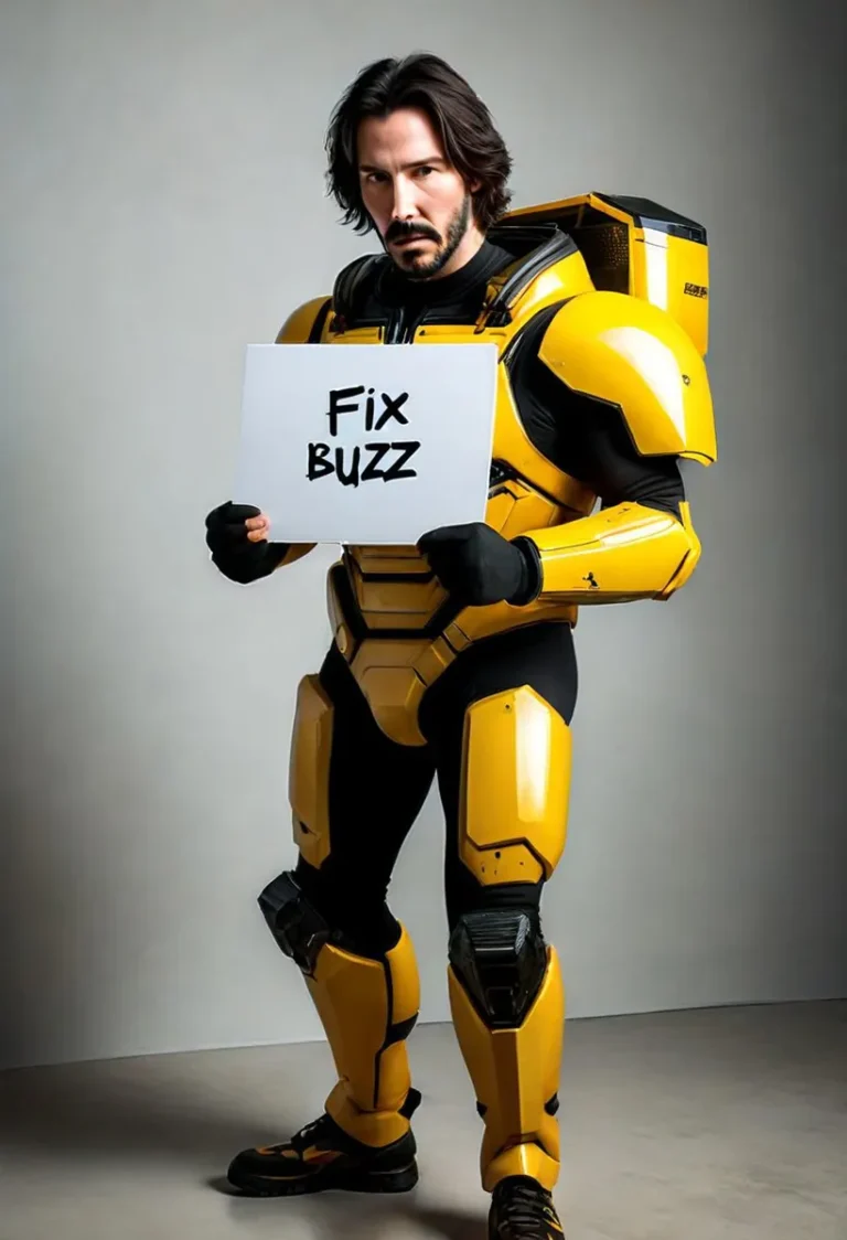 A cyber warrior in yellow futuristic armor holding a sign that reads 'Fix Buzz'. This is an AI-generated image using Stable Diffusion.