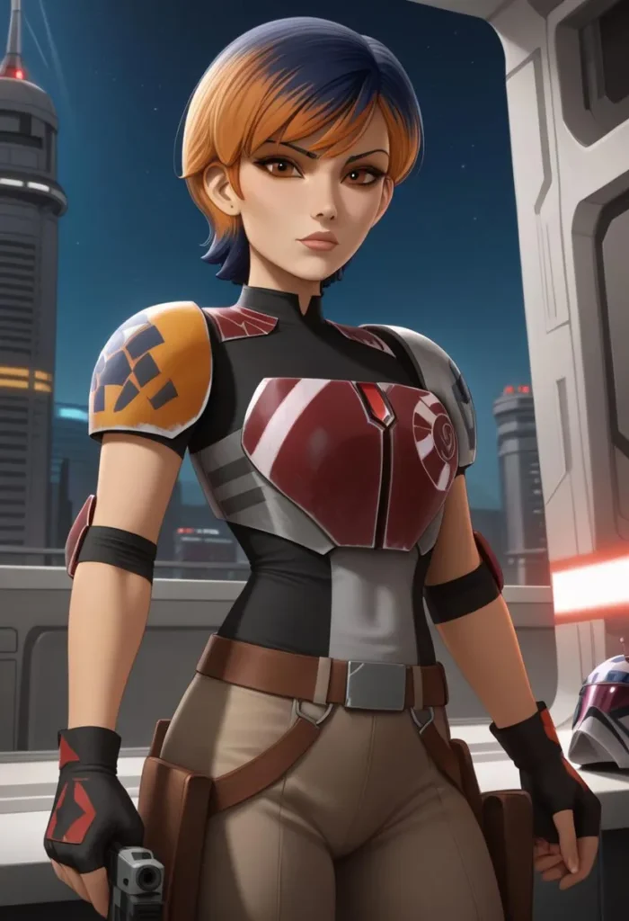 A cyber warrior woman with short dual-tone hair in futuristic armor, created using stable diffusion AI.