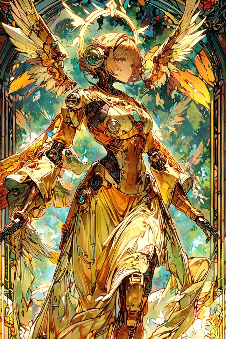 A stunning depiction of a cybernetic angel with golden armor and intricate mechanical details. AI generated image using Stable Diffusion.