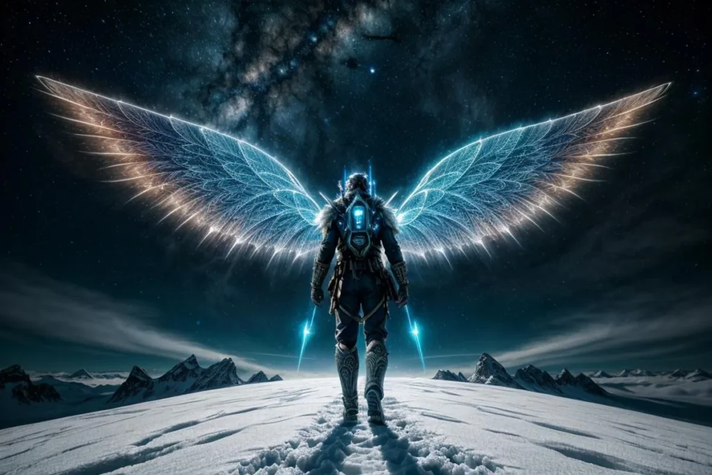 Cybernetic angel with luminous wings standing on snowy terrain under a starry sky. Ai generated image using stable diffusion.