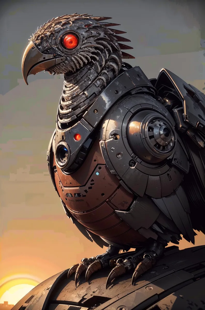 A cybernetic bird with a mechanical falcon design featuring intricate mechanical details, AI generated image using Stable Diffusion.