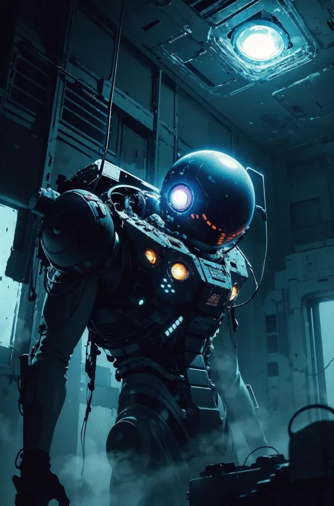 A cybernetic robot with a spherical helmet and glowing lights stands in a dimly lit futuristic environment generated by AI using Stable Diffusion.