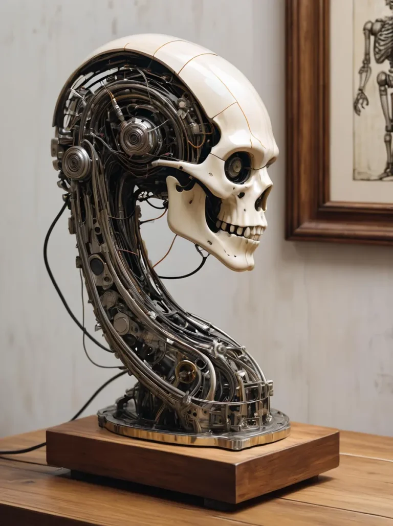 Intricately designed cybernetic skull sculpture with steampunk elements, created using Stable Diffusion AI technology.