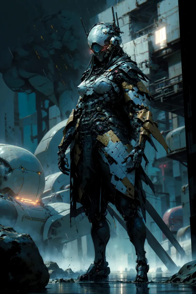 A cybernetic warrior in a futuristic design generated by AI using Stable Diffusion, set against an industrial, cyberpunk background with dark hues and mechanical elements.
