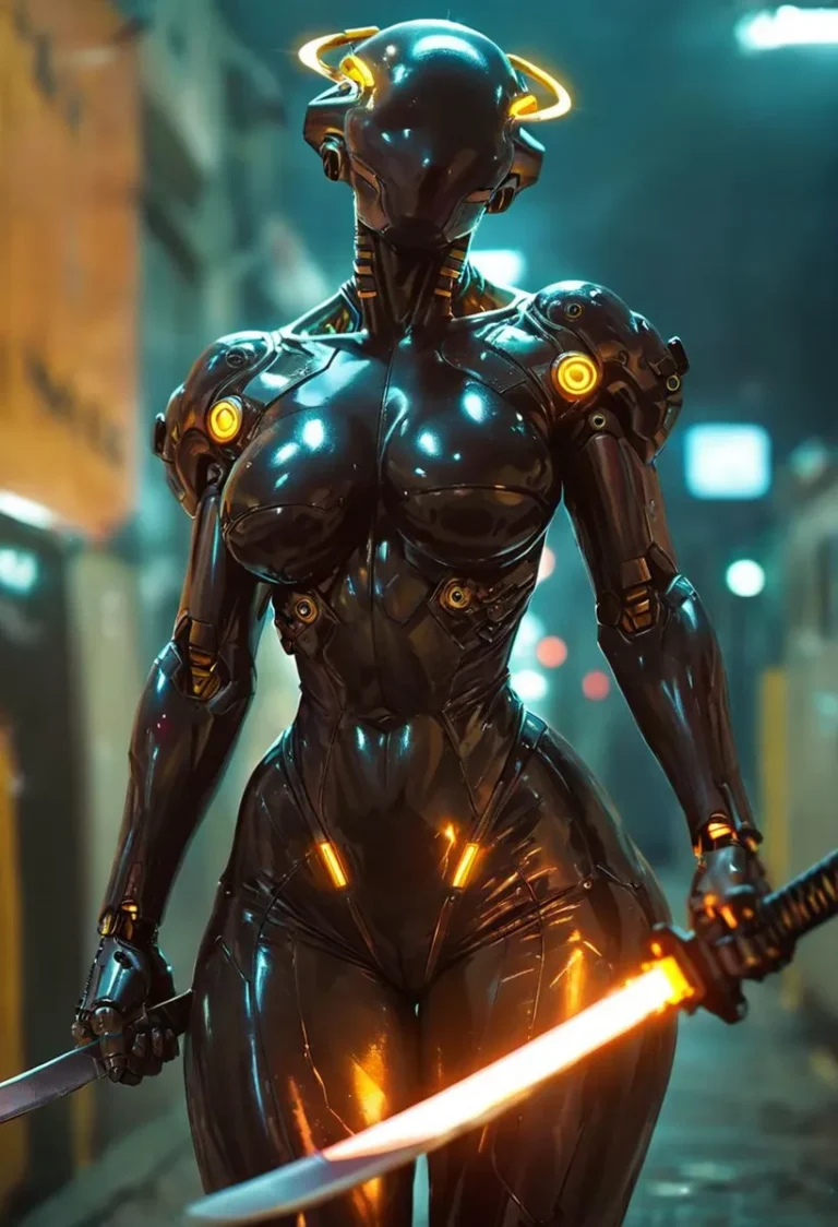 Futuristic cybernetic warrior with a sleek, metallic body holding two glowing swords. AI-generated image using Stable Diffusion.