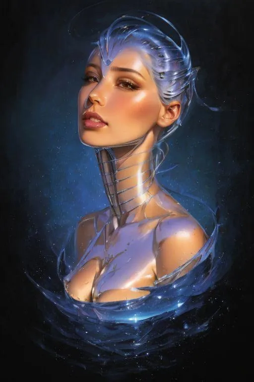 A cybernetic woman with a sleek metallic body and luminescent blue hair, emanating a futuristic aura. The portrait is AI generated using Stable Diffusion.