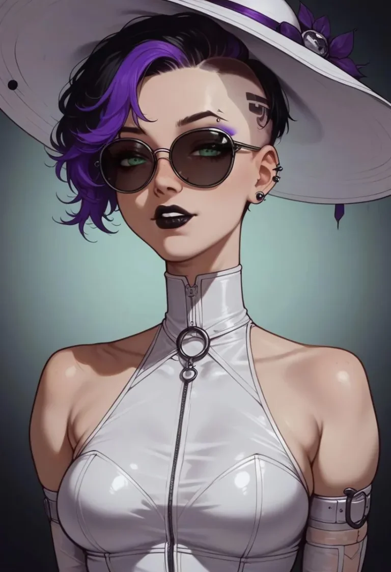 Cyberpunk style fashion woman with purple highlights, dark sunglasses, piercings, and a white hat, AI generated using Stable Diffusion.