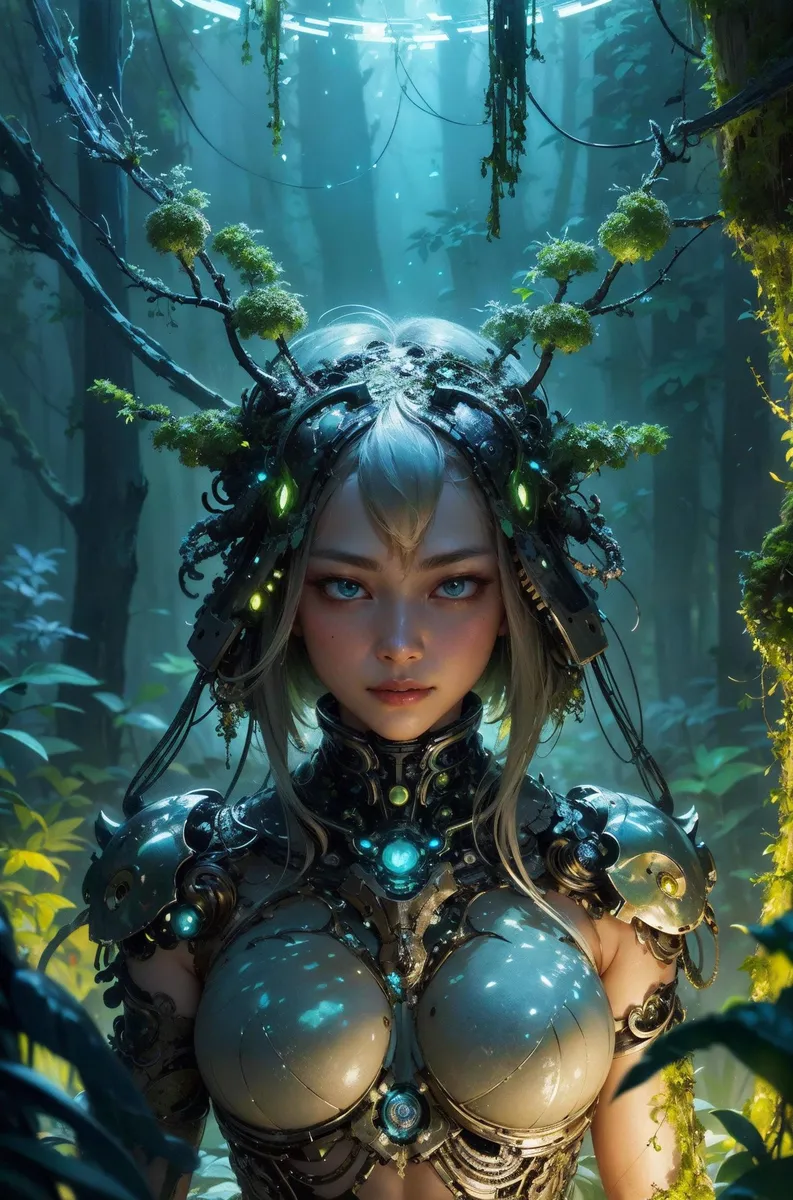 AI generated image using Stable Diffusion depicting a cyberpunk forest nymph with futuristic armor, bioluminescent elements, and nature-inspired mech headgear.