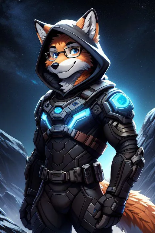 An AI generated image depicting an anthropomorphic fox wearing cyberpunk armor and glasses, standing in a futuristic landscape created with stable diffusion.