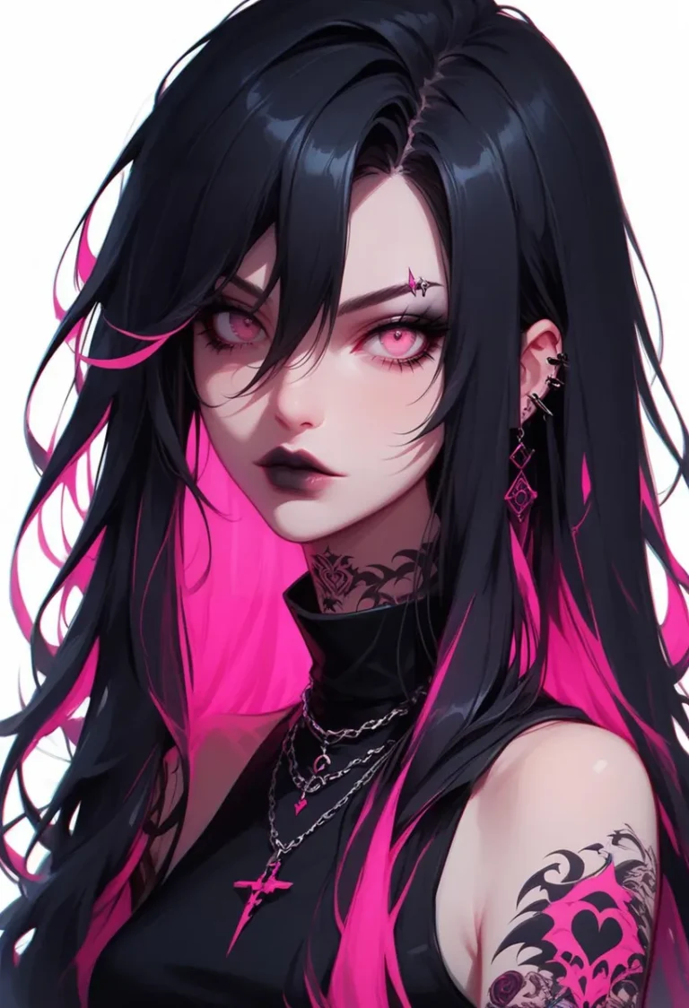 Cyberpunk girl with long black hair and hot pink highlights. She has pink eyes, intricate tattoos, and multiple piercings. AI generated image using stable diffusion.