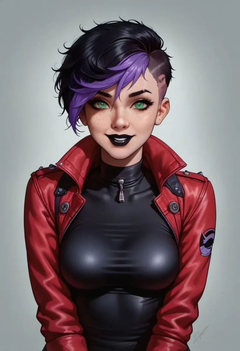 AI generated image of a cyberpunk style girl with green eyes, purple hair, and a red jacket created using stable diffusion.