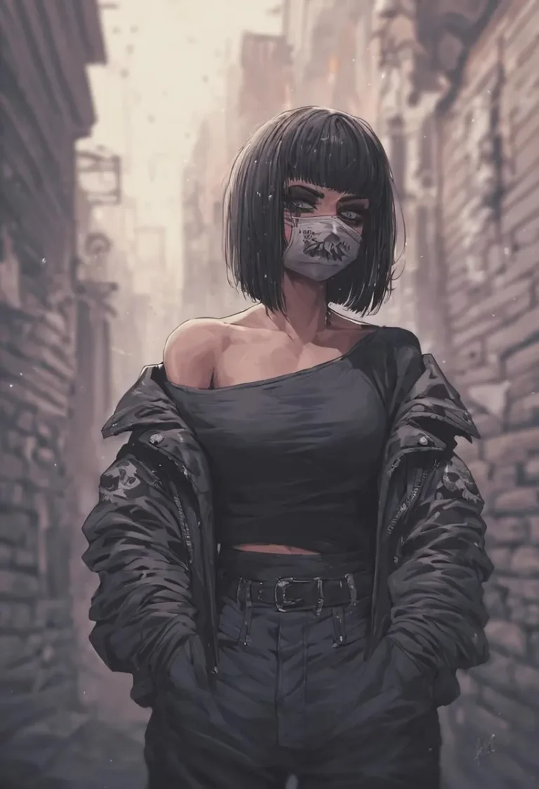 A cyberpunk girl with a bob haircut and face mask stands confidently in an urban alleyway. AI generated image using Stable Diffusion.