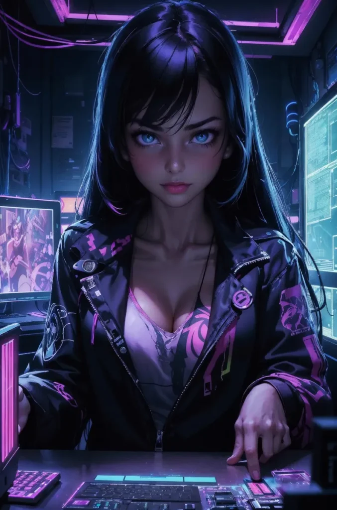 AI generated image of a cyberpunk girl hacker with long blue hair, vivid blue eyes, and a futuristic setting created using Stable Diffusion.