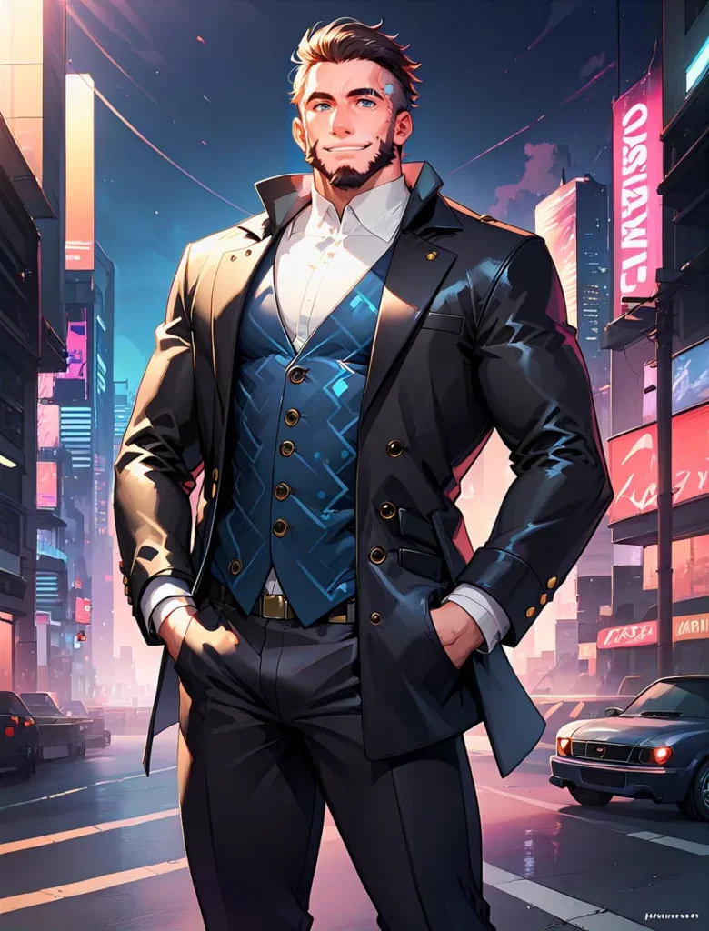 A confident man in a cyberpunk-style setting, wearing a suit with a futuristic cityscape in the background, emphasizing that this is an AI generated image using Stable Diffusion.
