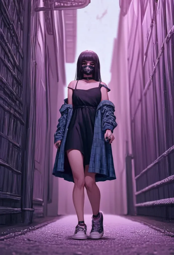 A masked girl with long hair wearing a black dress and blue plaid coat in a narrow urban alley lit in purple, AI generated image using Stable Diffusion.