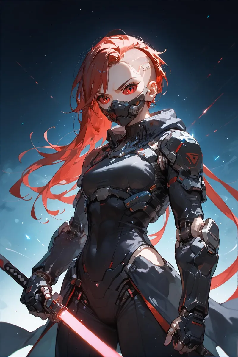 Futuristic female warrior with red hair in cyberpunk style, generated using Stable Diffusion.