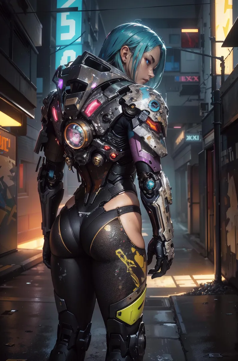 A cyberpunk warrior with teal hair in advanced futuristic armor standing in an urban alley at night. AI generated image using Stable Diffusion.