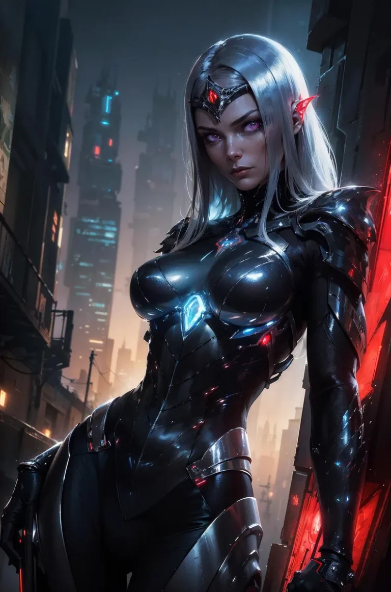AI generated image using Stable Diffusion of a cyberpunk female warrior with silver hair and cybernetic armor standing in a futuristic city.