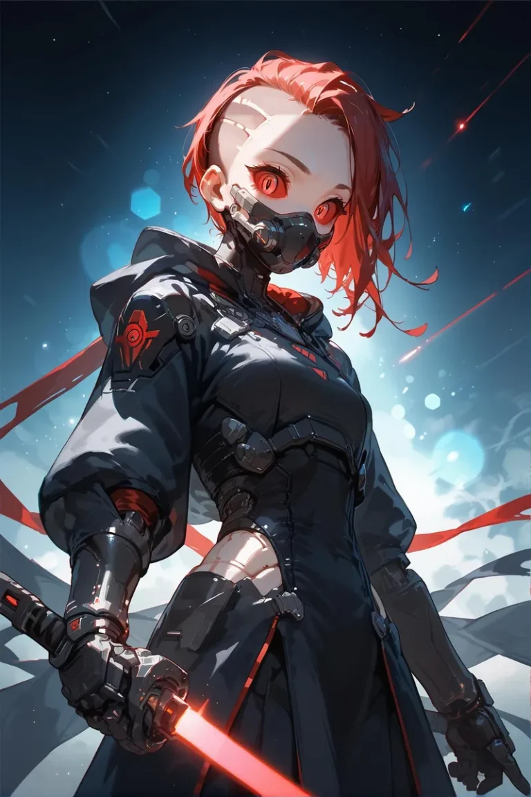 A cyberpunk warrior with red hair wielding a red light sword, dressed in dark futuristic armor. AI generated image using Stable Diffusion.