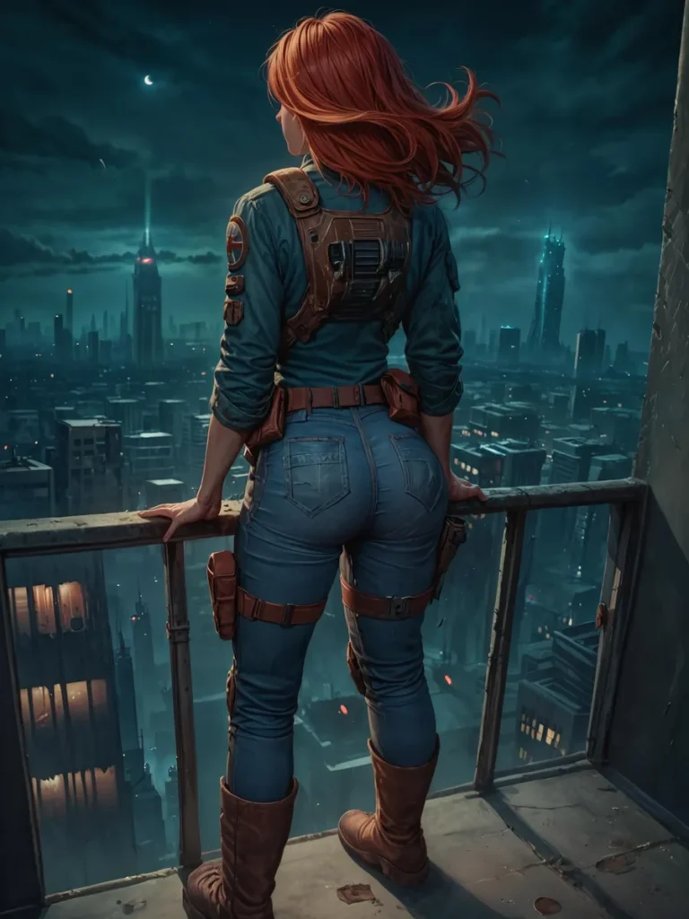 A cyberpunk-themed image of a red-haired woman in tactical gear overlooking a futuristic cityscape with illuminated skyscrapers at night, created using stable diffusion AI.