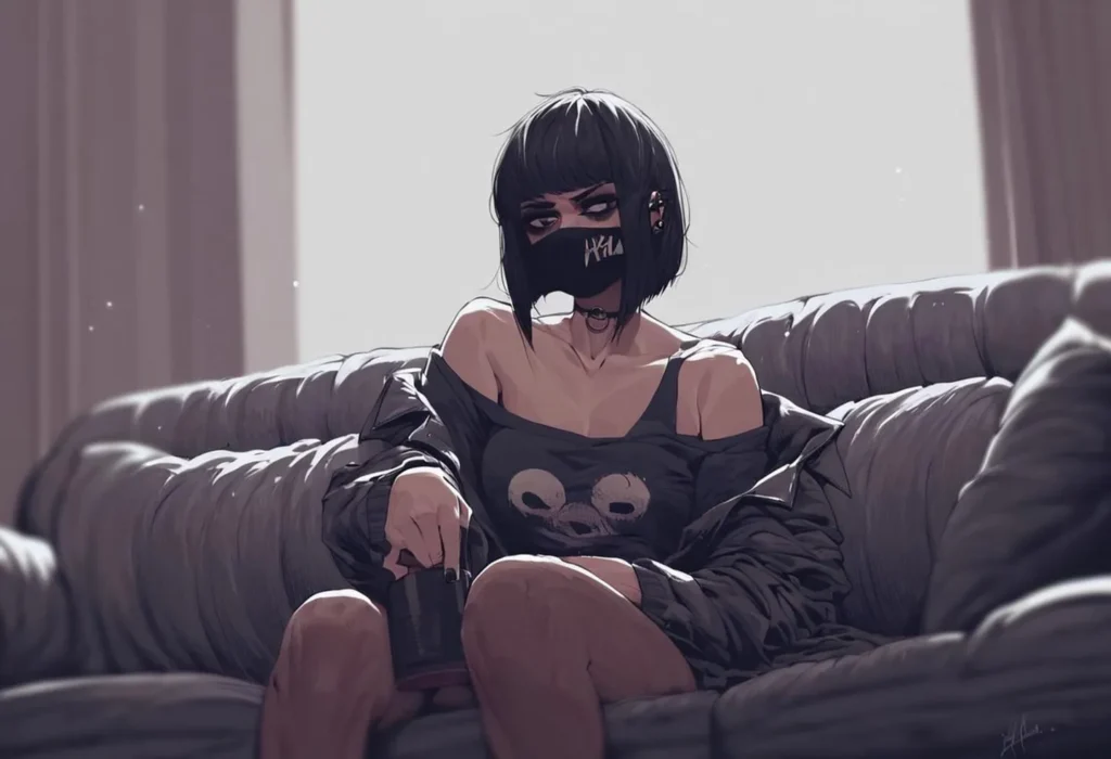 Anime-style cyberpunk woman with black bob haircut wearing a black mask marked with white symbols, lounging on a couch, dressing in a dark off-shoulder top and jacket. AI generated image using Stable Diffusion.
