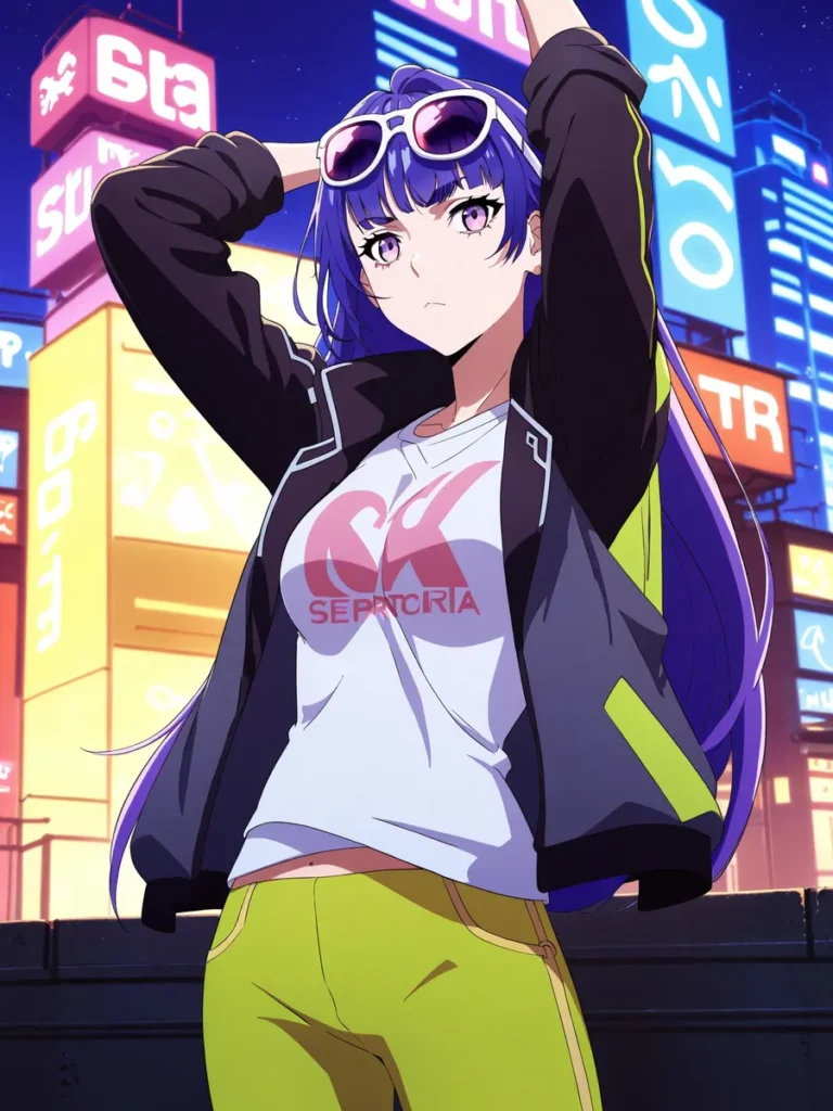 Cyberpunk anime girl with purple hair and sunglasses posing confidently in an urban night scene. This is an AI generated image using stable diffusion.
