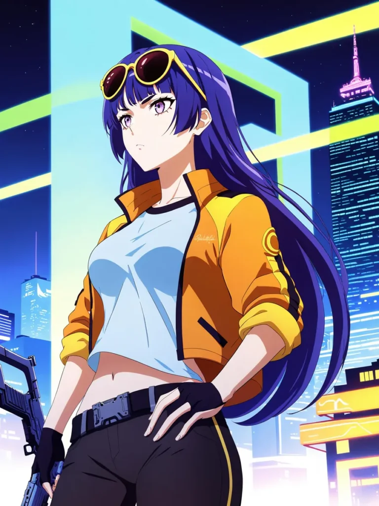 Cyberpunk anime girl with long purple hair and sunglasses on her head, standing confidently in a futuristic city with neon lights. AI generated image using Stable Diffusion.
