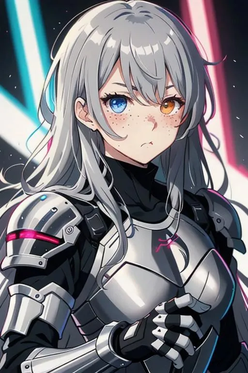 A cyberpunk anime girl with heterochromia, silver hair, and sci-fi armor. This is an AI generated image using Stable Diffusion.