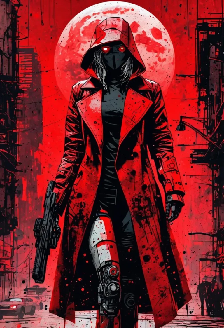 AI generated image using stable diffusion of a cyberpunk assassin in a red coat, standing before a large blood moon with a dystopian city in the background.