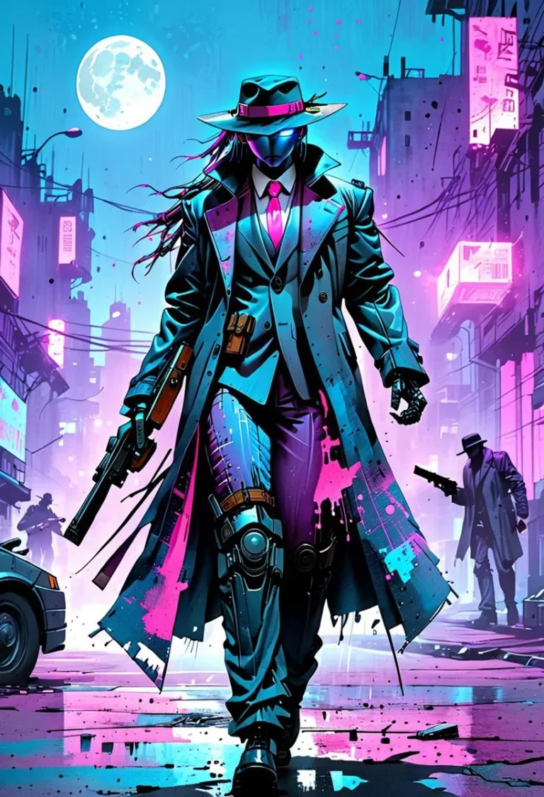 Cyberpunk assassin dressed in a trench coat and hat, walking through a neon-lit cityscape with a full moon in the background, AI generated using Stable Diffusion.
