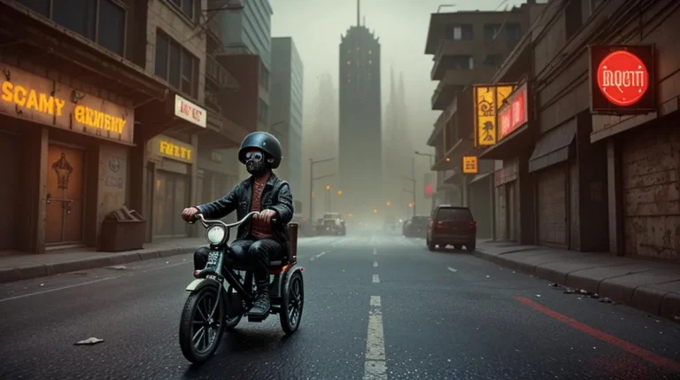 A masked biker in a cyberpunk cityscape, generated by AI using Stable Diffusion.