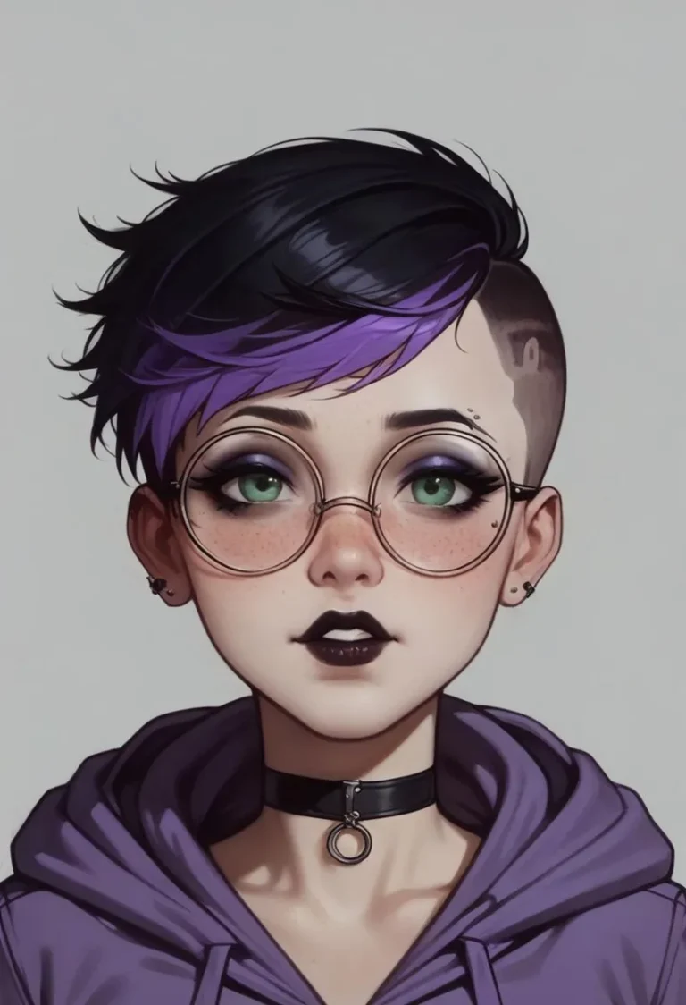 Digital portrait of a young girl with short black and purple hair, round glasses, wearing a choker and purple hoodie, AI generated using stable diffusion.