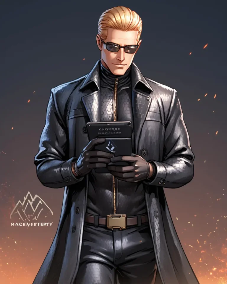 A cyberpunk character with slicked-back blonde hair, wearing sunglasses, a black leather trench coat, gloves, and holding a futuristic device. This is an AI generated image using Stable Diffusion.