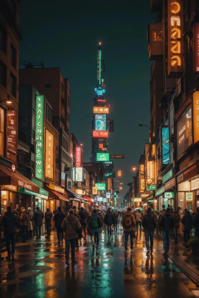 A cyberpunk cityscape with neon signs and a crowded street at night, created using Stable Diffusion.