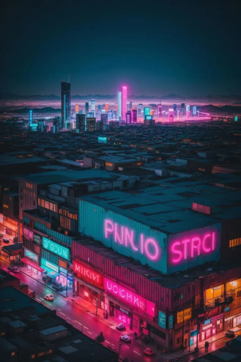 Futuristic cityscape at dusk with vibrant neon lights and skyscrapers, generated using Stable Diffusion.