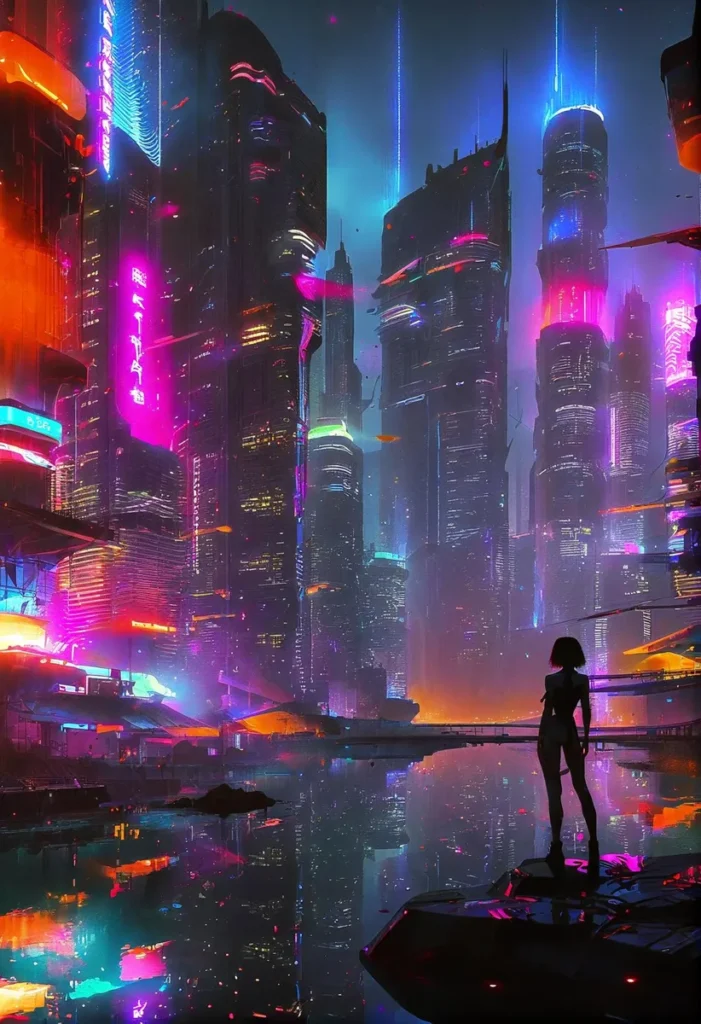 A cyberpunk cityscape with neon lights and a silhouette of a person standing on a platform, generated using Stable Diffusion.