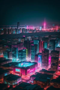 Futuristic cyberpunk cityscape with glowing neon lights, AI generated image using Stable Diffusion.