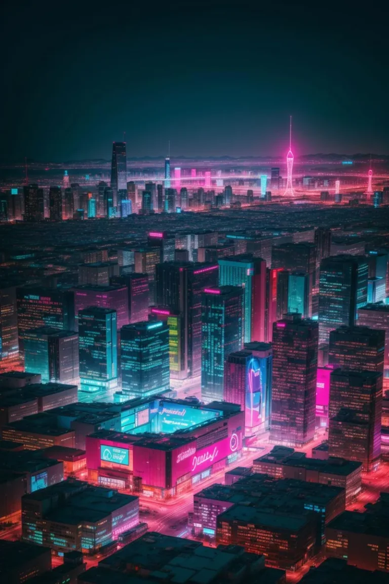 Futuristic cyberpunk cityscape with glowing neon lights, AI generated image using Stable Diffusion.