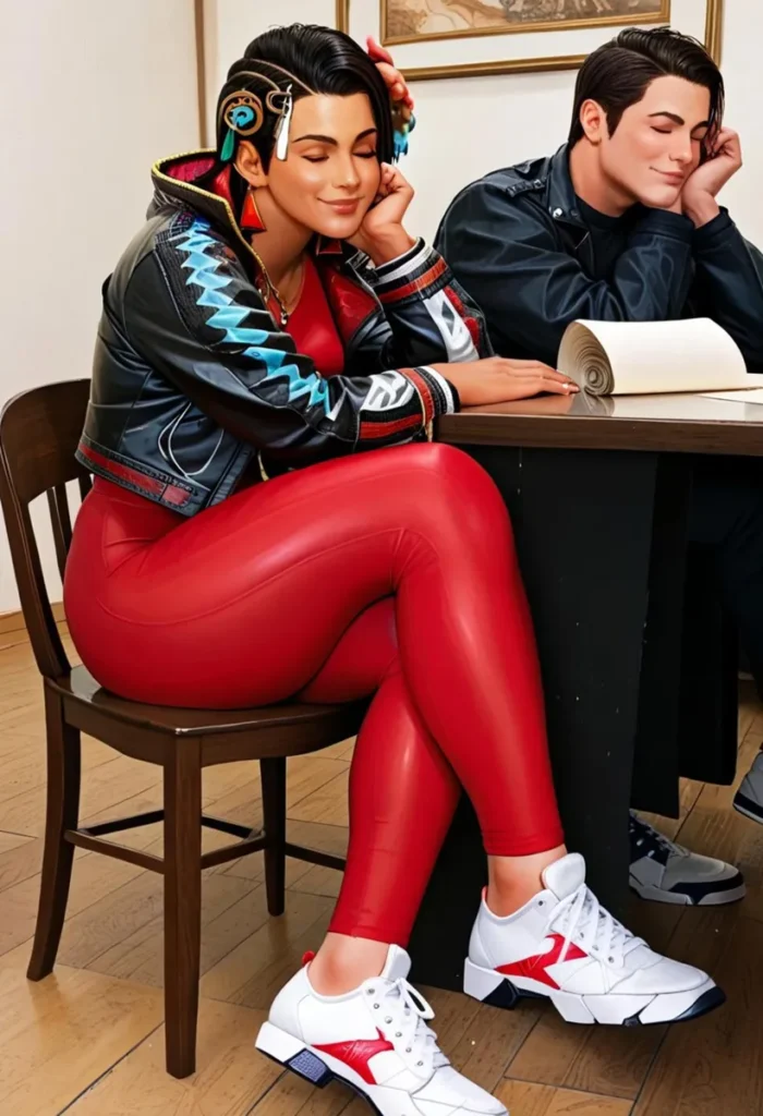 AI generated image using stable diffusion of a cyberpunk couple in stylish attire. A woman in a red bodysuit and a man in black leather jacket are seen sitting together, eyes closed, looking relaxed.