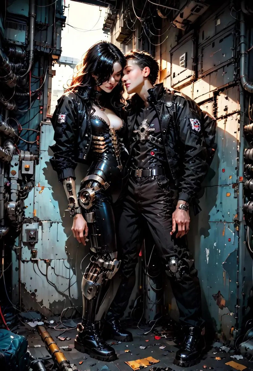 A cyberpunk couple in a dimly lit setting, dressed in futuristic attire with cybernetic enhancements, created using Stable Diffusion AI.