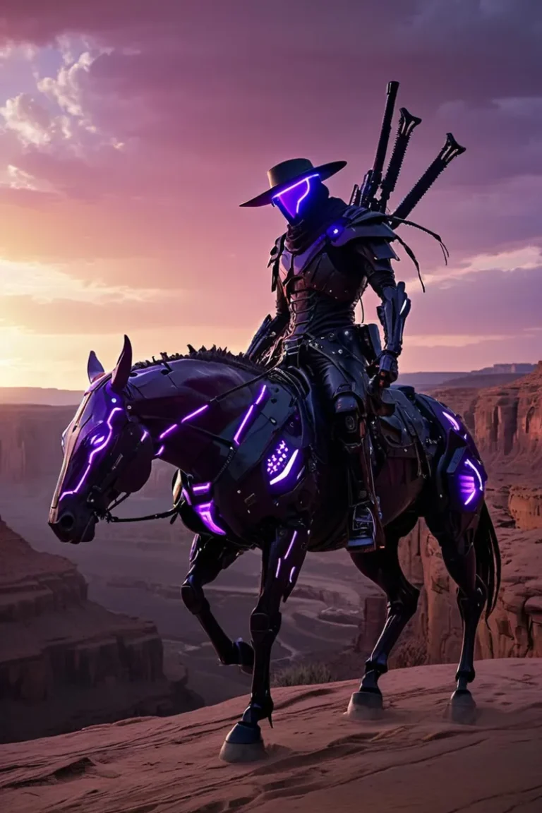 Cyberpunk cowboy in black armor with neon purple lights, riding a futuristic horse in a desert landscape during sunset. AI generated image using Stable Diffusion.