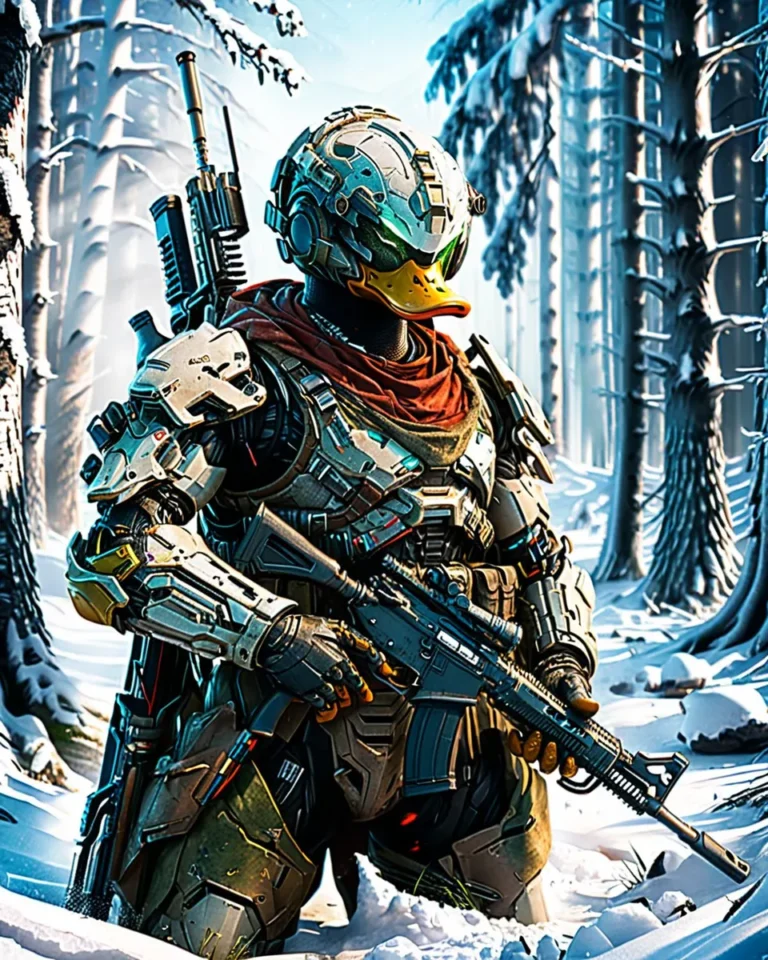 AI generated image using Stable Diffusion of a cyberpunk duck soldier in futuristic armor standing in a winter forest.