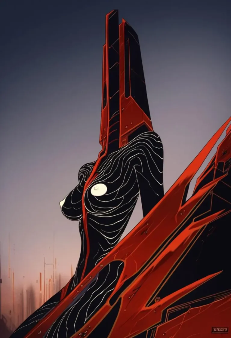 A futuristic, cyberpunk-themed robotic female figure designed using stable diffusion AI. The figure is adorned in sleek black and red geometric patterns with a towering headpiece.