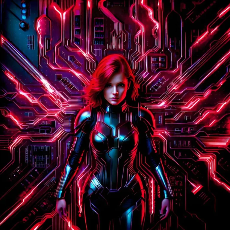 A cyberpunk female warrior with red hair in a high-tech suit stands against a futuristic background with glowing red circuitry, created using Stable Diffusion AI.