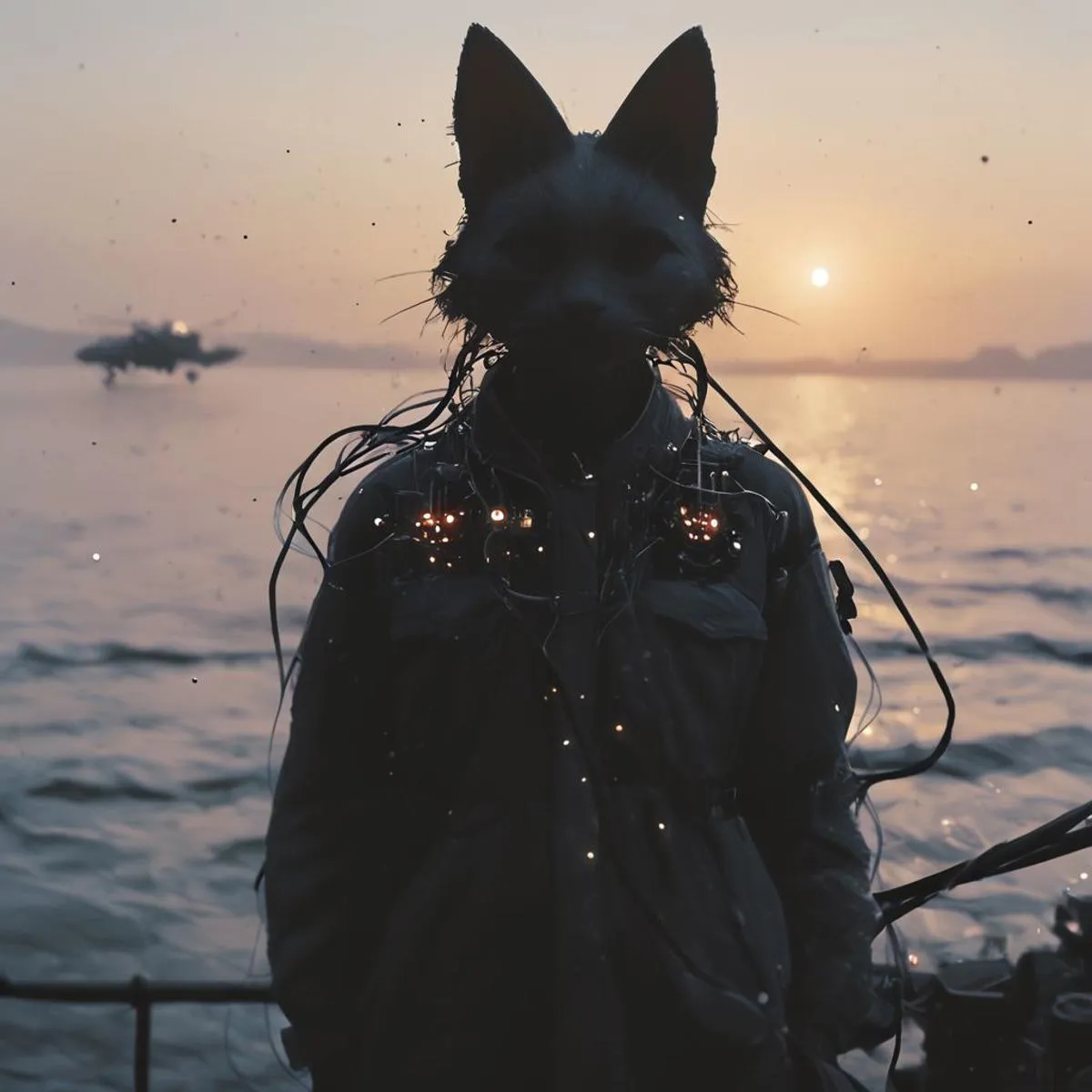 AI generated image of a cyberpunk fox silhouette at sunset near water with illuminated wires