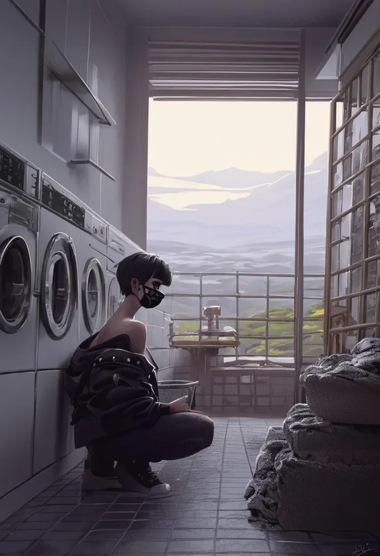 AI-generated image of a cyberpunk girl wearing a mask, sitting in a futuristic laundry room, created using Stable Diffusion.