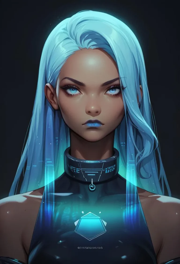 A cyberpunk girl with icy blue hair and glowing elements generated by AI using stable diffusion.