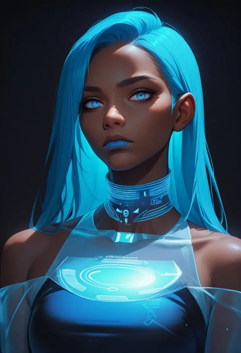 Cyberpunk girl with glowing blue hair and futuristic attire designed using stable diffusion AI.
