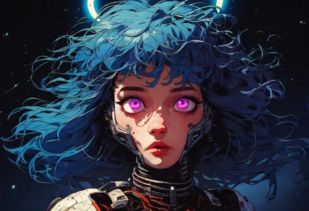 Cyberpunk girl with blue wavy hair and glowing purple eyes in a futuristic setting. AI generated image using stable diffusion.