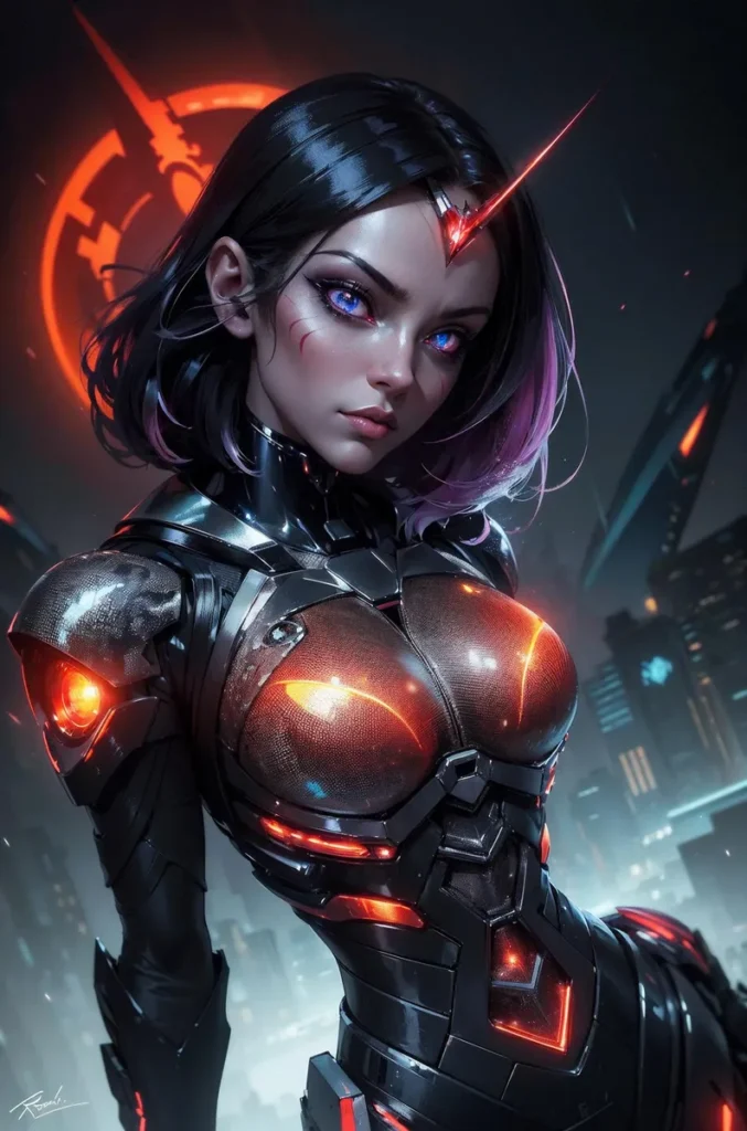 A close-up of an AI generated cyberpunk girl with blue eyes and a futuristic sci-fi armor. Neon city background emphasized using Stable Diffusion.